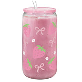 SANDJEST Strawberry 16oz glass tumbler with acrylic lid and straw for on-the-go sipping