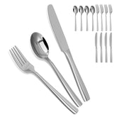 SANTUO 12-piece silverware set shown on a table with a polished gleam and complete dining versatility.