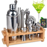 Secilla mixology kit on bamboo stand, organized for easy home bartending.