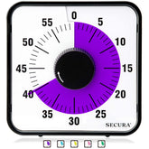 Secura 60-minute visual timer front view with a clear blue disk for quick time awareness.