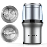 Secura electric coffee grinder with double-lid visibility for precise texture control.
