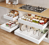Seinloes pull-out cabinet organizer enables easy access in deep 21-inch cabinets.