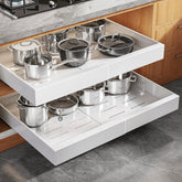 Seinloes pull-out cabinet organizer with 21-inch depth for easy back-item access.