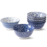 Selamica blue and white porcelain 20oz bowl set, ideal for cereal and soup.