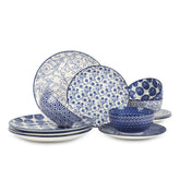 Selamica Vintage Blue 12-piece set on a dining table for everyday meals.