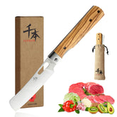 Senbon folding knife closed with olive wood handle, ideal for camping.