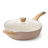 SENSARTE ceramic nonstick pan lid demonstrates heat retention and splatter control.