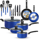 SereneLife blue Dutch oven with lid for even simmering and durable everyday cooking.