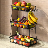 Sevenblue 3-tier fruit basket with banana hangers keeps produce organized.
