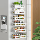 Sevenblue magnetic spice rack attached to fridge door for easy spice access.