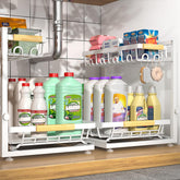 Sevenblue two-tier under sink organizer maximizes compact cabinet storage and accessibility.