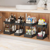 Sevenblue under-sink organizer with a large basket keeps cleaners organized and accessible.
