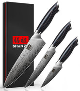 SHAN ZU 3PCS knife set chef knife blade close-up for precise slicing.