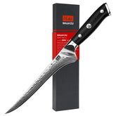 SHAN ZU 7-inch fillet knife blade close-up showing sharpened Damascus edge for precision.