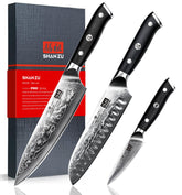 SHAN ZU Damascus knife set blade core shows premium steel for precise cuts.
