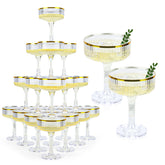 SHIQIKEJIPTY 30-pack clear champagne tower glasses with gold rim for elegant weddings and events.