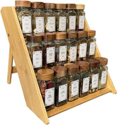 Sholramo bamboo spice rack 3-tier foldable on countertop for easy access.