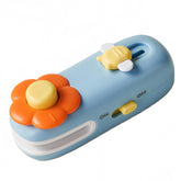 Shrunqi mini bag sealer blue front view sealing a bag to keep snacks fresh