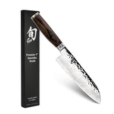 Shun Premier Santoku knife close-up of hammered finish reducing drag.