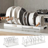 Silanit expandable organizer in cabinet maximizing cookware space.