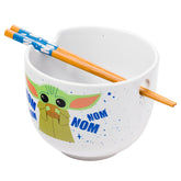 Silver Buffalo Baby Yoda ramen bowl with him sipping soup, ideal for cozy meals.