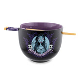 Silver Buffalo Emily ramen bowl front view with ghostly blue glaze and purple accents, ideal for themed meals.