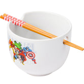 Silver Buffalo Marvel ramen bowl with chopsticks, front view, perfect for cozy noodle nights.