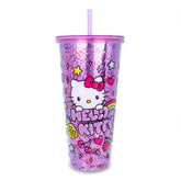 Silver Buffalo Hello Kitty rainbow confetti cup with lid and straw for on-the-go hydration.