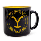 Silver Buffalo Yellowstone camper mug with Y crest, trail-ready hot coffee