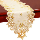 Simhomsen embroidered gold snowflakes table runner top view with festive setup