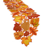 Simhomsen embroidered leaves table runner closeup stitching highlights craftsmanship for fall tables