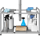 Simple Houseware under-sink rack expands to fit pipes for easy access.