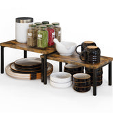 Simple Houseware wooden top expandable shelf keeps cabinet contents organized and accessible.