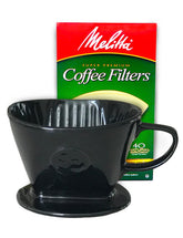 Simply Charmed pour-over brewer black with Melitta filters for a fresh cup