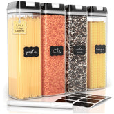 Simply Gourmet slim-stackable container on a narrow pantry shelf for space-saving storage
