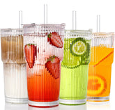 SIPBYSOP ribbed glass cups with lids and straws for easy-grip daily drinks.
