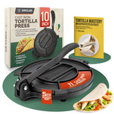 SIRCLES 10-inch cast iron tortilla press front view ready for dough