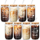 Skylety Christian glass cups eight-set with lids and inspirational quotes.