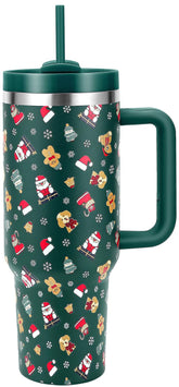 Skywerc Christmas tumbler with a green Santa Bear keeps drinks cold outdoors