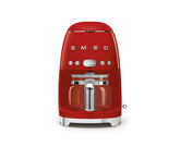 Smeg 50s retro drip coffee machine front view in red, stylish kitchen statement.