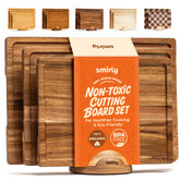 SMIRLY acacia cutting board top view highlights knife-friendly surface and grain texture.