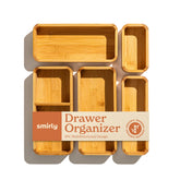 SMIRLY bamboo drawer organizer 5-piece set shows flexible configuration for large and small utensils.