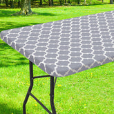 Smiry rectangle picnic table cover in grey with snug elastic fit for wind-free meals.