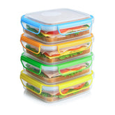 Snap Fresh four-pack sandwich containers with bright lids, perfect for school lunches.