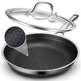 Snowclad ten-inch frying pan with lid for easy everyday searing and even browning.