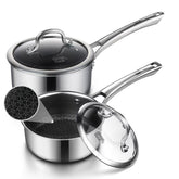 Snowclad sauce pan 1.5qt with lid on stove, ideal for quick, even heating.