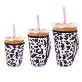 Snowso 3-pack iced coffee sleeve set with cow-print design for on-the-go use