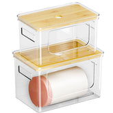 Snpwne trash bag holder with bamboo top for under-sink organization and quick access.