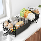 SNTD dish drying rack expandable-length view demonstrates adjustable fit for different counter sizes.