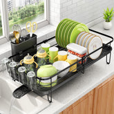 SNTD Dish Drying Rack extended length demonstrates flexible fit on varying counters